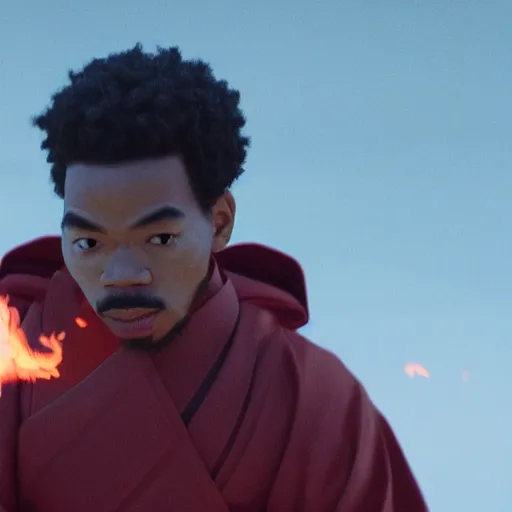 Image similar to cinematic film still of Chance The Rapper starring as a Samurai holding fire, Japanese CGI, VFX, 2022, 40mm lens, shallow depth of field, film photography