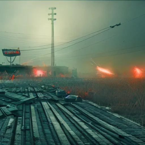 Image similar to Battle of Warsaw 2045, explosions, by Simon Stalenhag, 35mm film photography, eerie fog, imax film quality, octane render 8k trending on Artstation