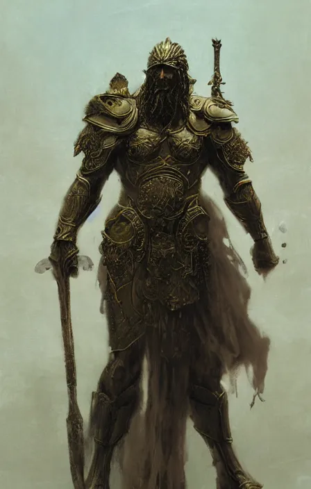 Prompt: zeus god, wearing thunder armor, ornamented armor, beksinski, ruan jia, weta workshop concept art