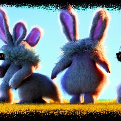 Image similar to cute colorful fuzzy alien lop eared bunny rabbit monsters monsters with long flowing gradient colored detailed fur and stripes, detailed high quality 3 d render unreal engine in the style of maurice sendak, 4 k