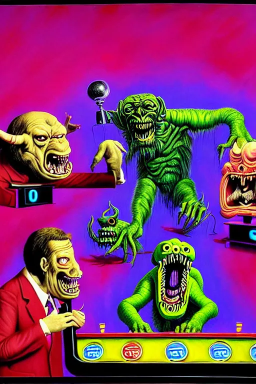 Image similar to a hyperrealistic painting of a trippy gameshow announcer with a panel of monsters playing jeopardy. cinematic horror by jimmy alonzo, the art of skinner, chris cunningham, lisa frank, richard corben, highly detailed, vivid color,