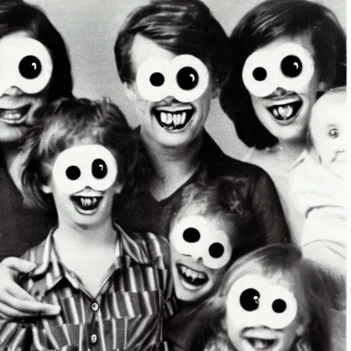 Prompt: creepy family photo, googly eyes, teeth, photo from the 80s