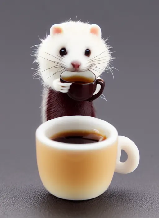 Image similar to 80mm resin detailed miniature of fluffy cute ferret drink coffee, Product Introduction Photos, 4K, Full body, simple background