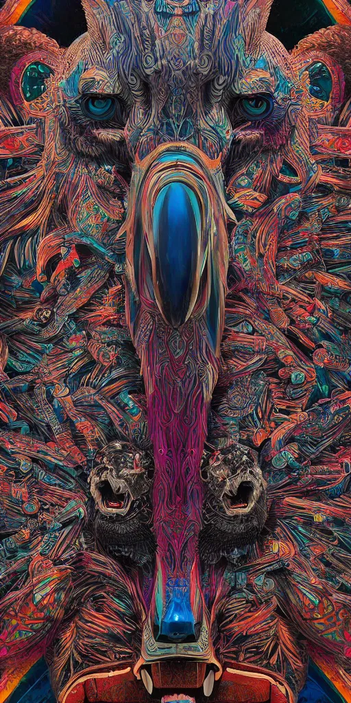 Image similar to A totem with an eagle an wolf a bear and a skull by beeple, coherent symmetrical intricate psychedelic ornate artwork, high detail, digital painting, hyper realism, octane render, 4k, trending on artstation