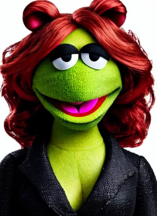 Image similar to studio portrait still of muppet!!!!! black widow!!!!!! from avengers infinity war as a muppet muppet as a muppet, 8 k, studio lighting, key light,