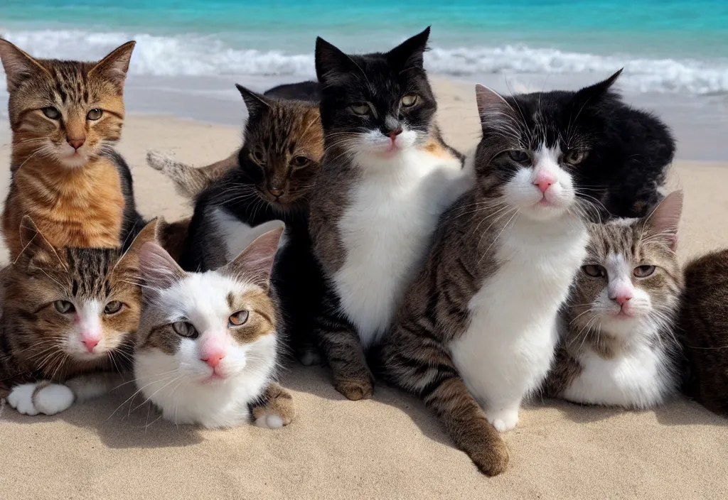 Prompt: cats wearing fedoras relaxing on a beach