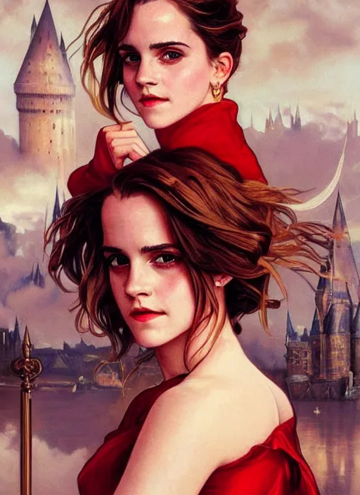 Prompt: oil painting of emma watson giving seductive look wearing red and gold. hogwarts in background beautiful detailed face. by artgerm and greg rutkowski and alphonse mucha