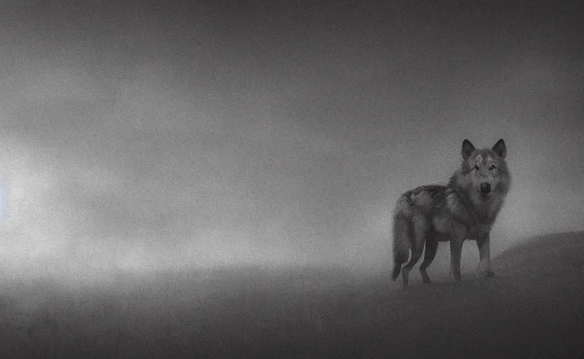 Prompt: wood, white wolf guarding by denis villeneuve, pinhole analogue photo quality, blur, unfocus, cinematic, 35mm, monochrome, mystic