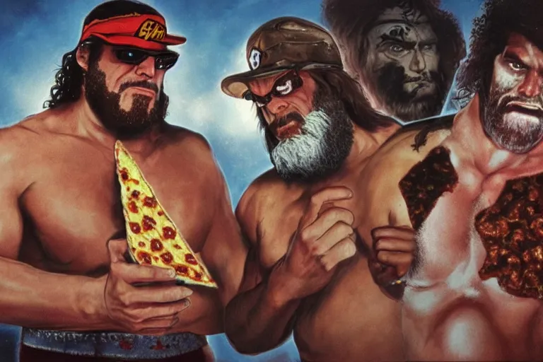 Prompt: andre the giant and macho man randy savage, mega powers, sharing a pizza, at muscle beach, mid 9 0 s, gritty, ethereal details, cinematic lighting, hyper - detailed, maximalist, artstation, 8 k