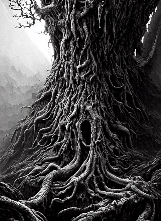 Prompt: close up portrait of a monster tree in the scary mountains of hell, oil painting by tomasz jedruszek and nicolas delort, cinematic lighting, pen and ink, intricate line, hd, 4 k, million of likes, trending on artstation