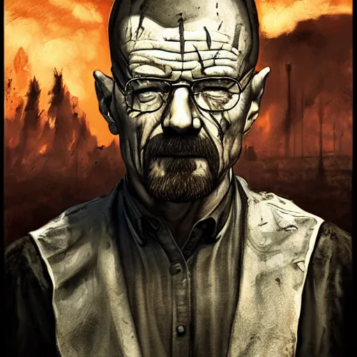 Image similar to Walter White, Zombie, Butcher, portrait, fantasy, medieval, vivid colors, elegant, concept art, sharp focus, beautiful face, digital art, Hyper-realistic, 4K, Unreal Engine, Highly Detailed, HD, Dramatic Lighting by Brom, trending on Artstation