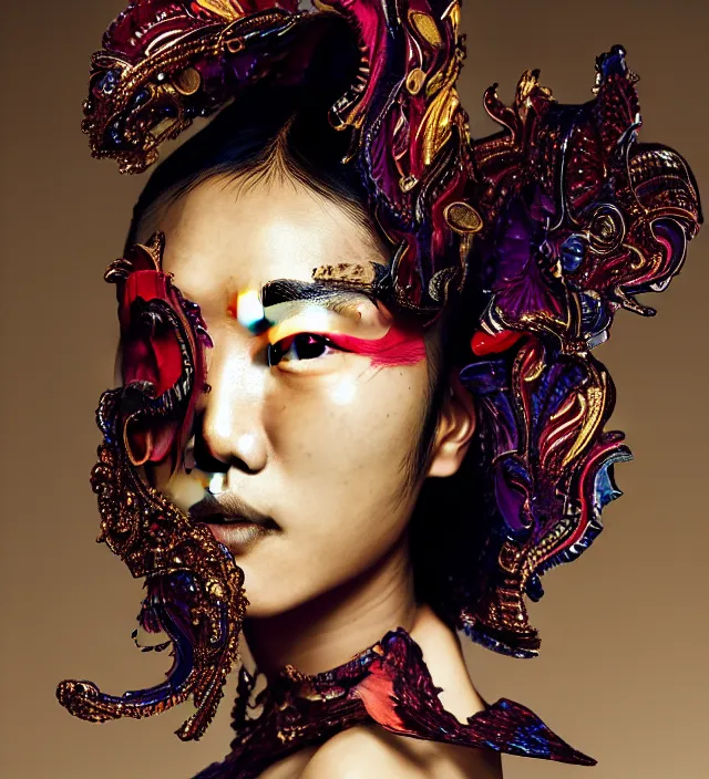 Prompt: face portrait of liu wen. great hair style, half in shadow, natural pose, natural lighing, rim lighting, wearing ornate stunning cloth created by iris van herpen, with a colorfull makeup, highly detailed, skin grain detail, photography by paolo roversi