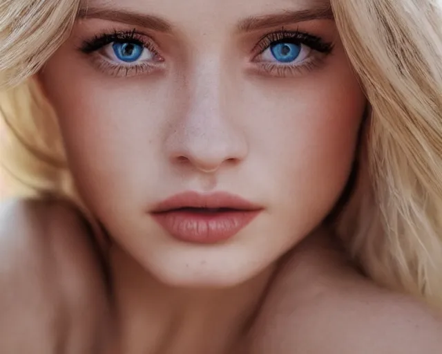 Prompt: the most beautiful blonde woman in the world, hyper realistic face, beautiful eyes, cinematic, close - up, hyper detailed, 8 5 mm photograph, 8 k resolution, film still, sharp lens, wide lens