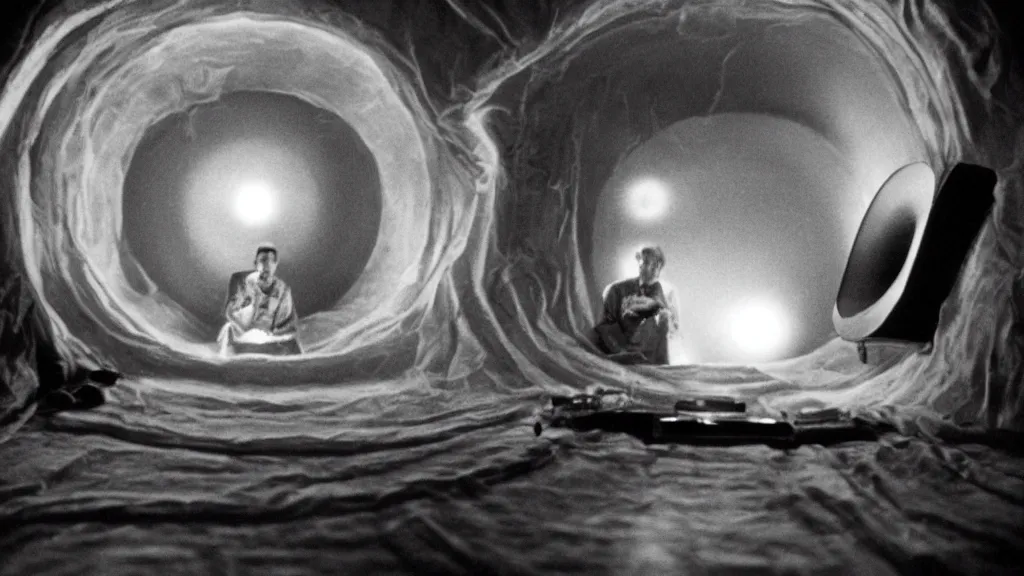 Image similar to an mri slice of james cavell in the living room, film still from the movie directed by denis villeneuve with art direction by salvador dali, wide lens