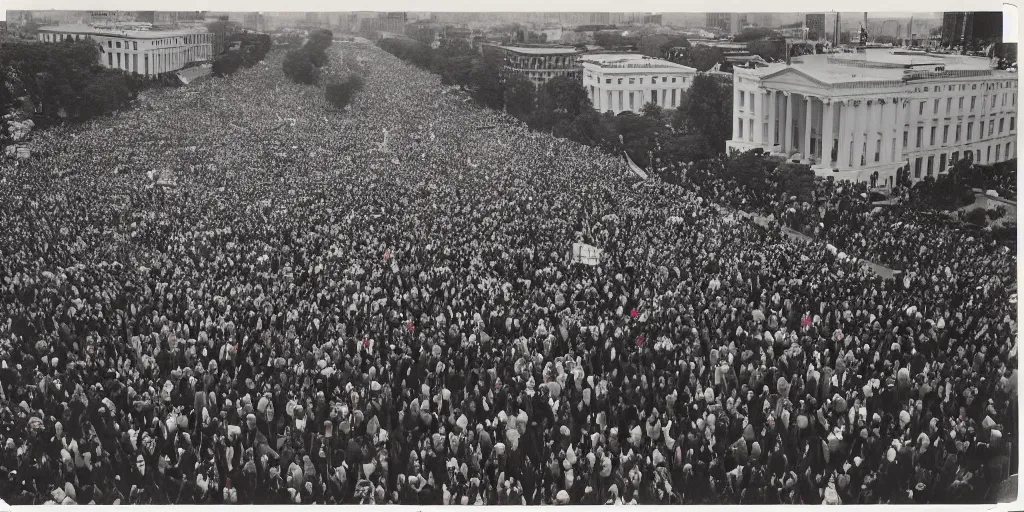 Image similar to a crowd of 6 0, 0 0 0 protesting around the white house, bird's eye view, polaroid, 6 0's, hyperrealism, no blur, 4 k resolution, ultra detailed