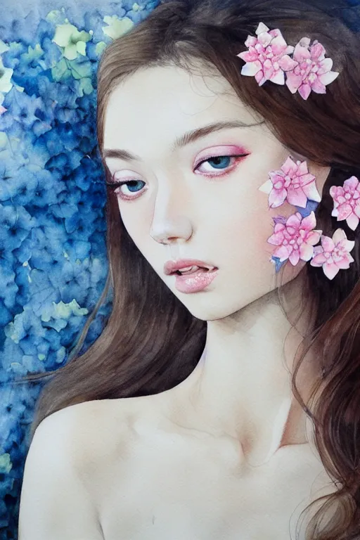 Prompt: hyper realistic watercolor painting a beautiful young sensual woman morphing into a hydrangea flowers, girl looks like a mix of Audrey Hepburn and Taylor Swift , painting by Miho Hirano and Ayami Kojima, perfect skin, perfect face, gorgeous, symmetrical face, symmetrical body, artgerm, long flowing hair, realistic, photorealistic, editorial photograph, DnD portrait, Magic the Gathering, detailed, intricate, focused, muted colors, trending on artstation