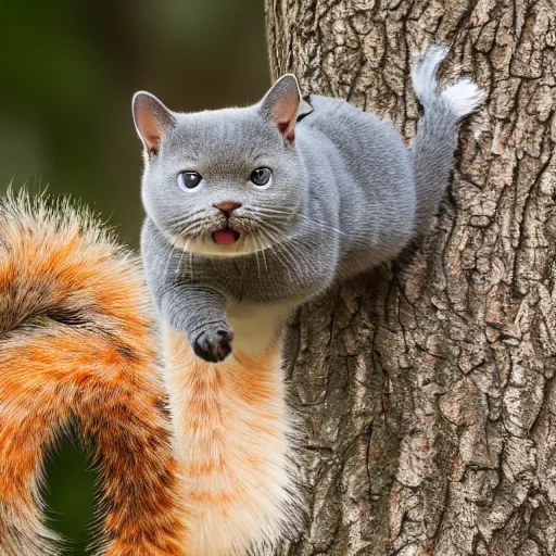 Prompt: A British Shorthair cat chasing a squirrel in a tree, realistic, close up, 8k, ultra high detail.