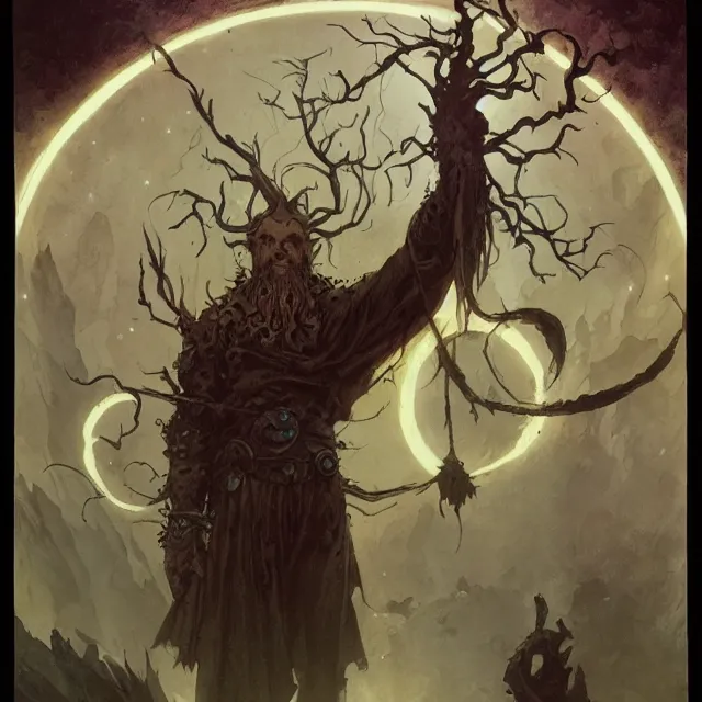 Image similar to a druid standing in a circle at the beginning of the world by alan lee and peter mohrbacher and mike mignola