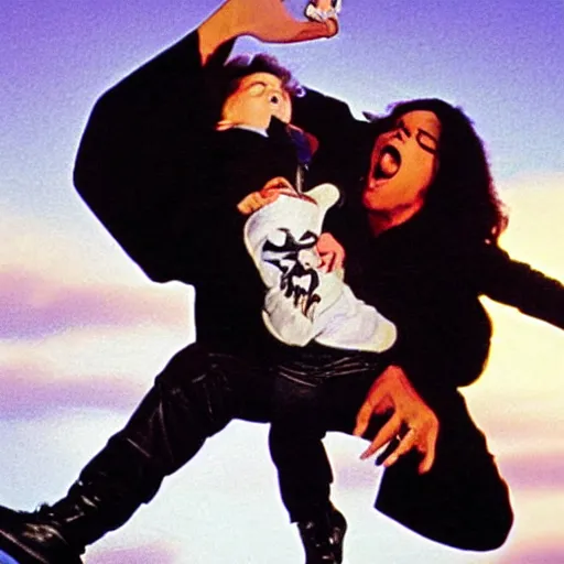 Prompt: michael jackson scream holding a baby on top of tower