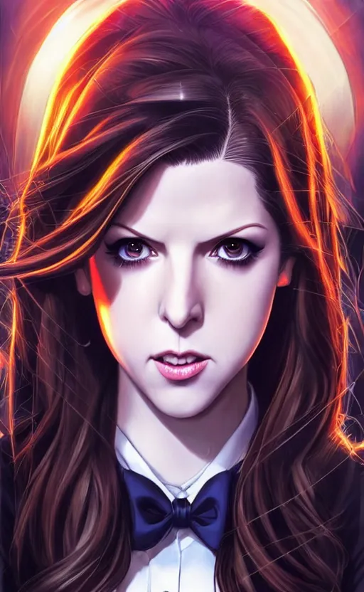 Prompt: ultra realistic, beautiful Anna Kendrick Zatanna DC Comics waist up floating, on stage, symmetrical face symmetrical eyes, smiling, modern anime, fantasy, eerie, intricate details, atmospheric, elegant, super highly detailed, professional digital painting, artstation, concept art, 8k, art by artgerm and eiichiro oda and koyoharu gotouge