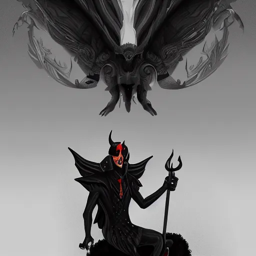 Image similar to A Male Devil sits on a throne and wears a black tuxedo , hell, landscape, fire, environment, Artstation