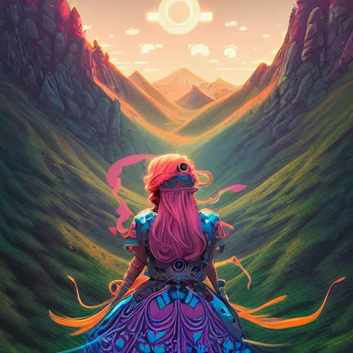 Prompt: ethereal cybernetic princess in the mountains, extremely detailed, sharp focus, wide view, full body shot, smooth, digital illustration, by lisa perrin!!!!, dan mumford, james jean, by rossdraws, frank franzzeta, sakimichan, gouache background