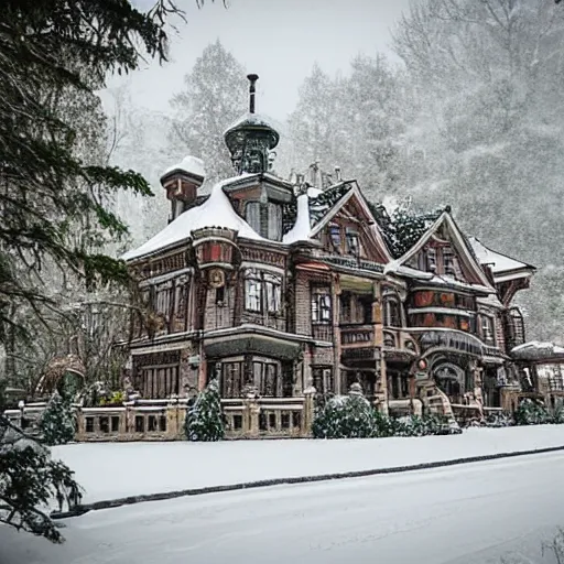 Prompt: a steampunk mansion with wheels rolling through a snowy landscape, beauitful, studio ghibli style, tall trees