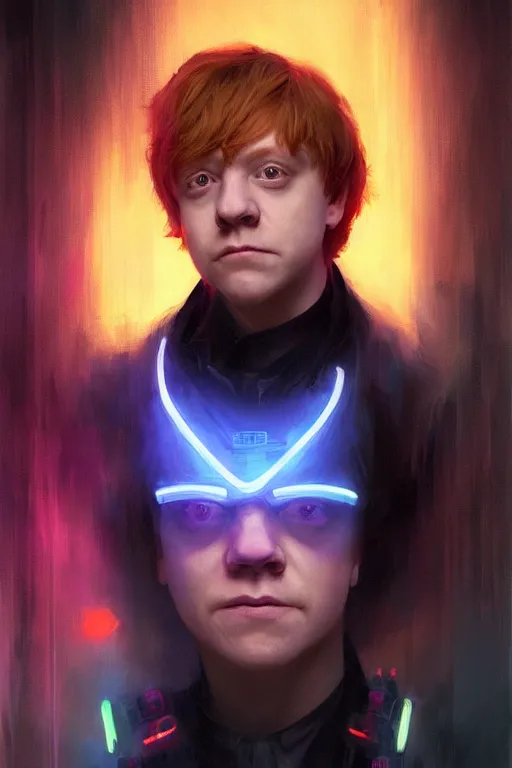 Image similar to portrait of Rupert Grint as Ron Wisly in cyberpunk, neon lighting, night city, digital art from artstation by Ruan Jia and Mandy Jurgens and Artgerm and william-adolphe bouguereau and Greg Rutkowski