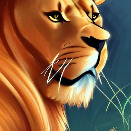 Prompt: a lion drawn in the Disney style, concept art, sharp focus, illustration, ArtStation