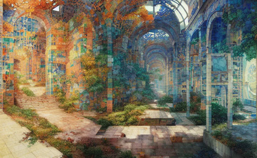 Image similar to tiled room squared waterway, aqueducts, fantasy. intricate, amazing composition, colorful watercolor, by ruan jia, by maxfield parrish, by marc simonetti, by hikari shimoda, by robert hubert, by zhang kechun, illustration, gloomy