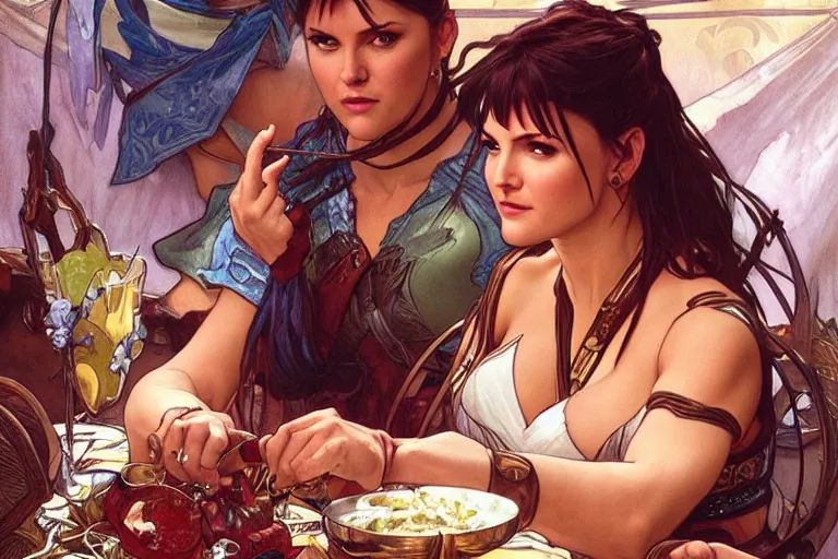 Image similar to xena warrior princess eating at a restaurant with a hispanic man art by artgerm and greg rutkowski and alphonse mucha