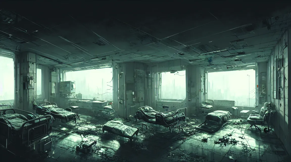 Image similar to post apocalyptic room interior, hospital interior, human silhouette, furniture, interior decoration, by pascal blanche, neil blevins, trending on artstation, photorealistic, hyper detailed, hyper realistic, cyberpunk