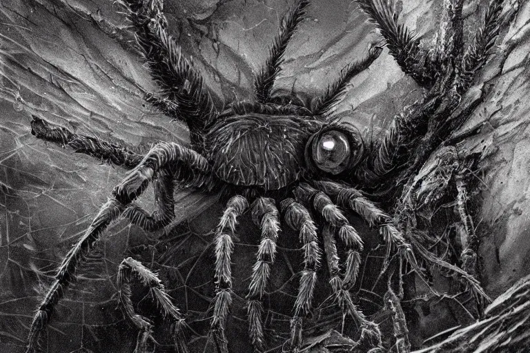 Prompt: a close - up photo of a monstrous tarantula in a dark foreboding tunnel, with cobwebs, in the style of john howe, dramatic lighting, atmospheric, low angle, wide angle, hyper - realistic, highly detailed, trending on artstation