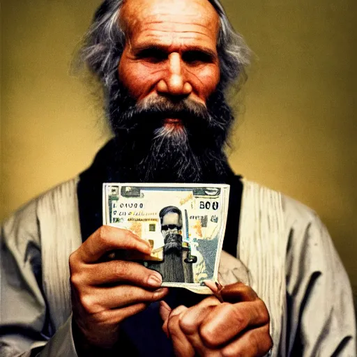 Image similar to portrait of Leo Tolstoy holding a pack of dollars, by Steve McCurry, clean, detailed, award winning