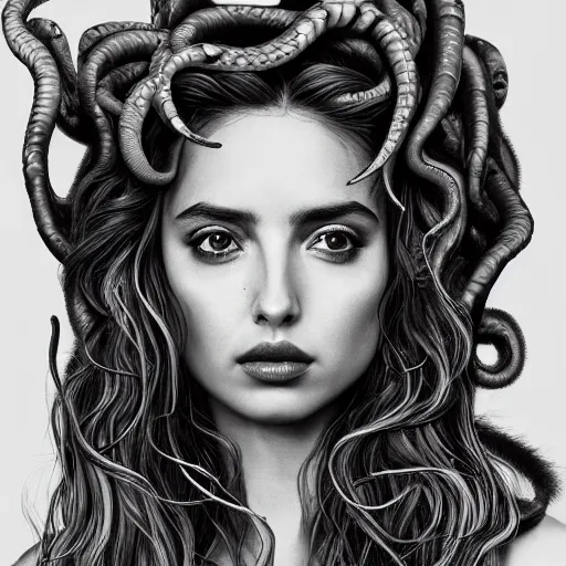 Image similar to ana de armas portrait as medusa from greek mythology, living venomous snakes in place of hair, ink drawing,, hyperdetailed, 8 k realistic, trending on artstation, by alphonso dunn and rob plater and miles yoshida