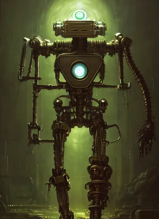 Image similar to dystopian robot, metal, holding green plant, cinematic lighting, fantasy, warforged, intricate, highly detailed, lifelike, photorealistic, digital painting, artstation, illustration, concept art, sharp focus, art by john collier and albert aublet and krenz cushart and artem demura and alphonse mucha