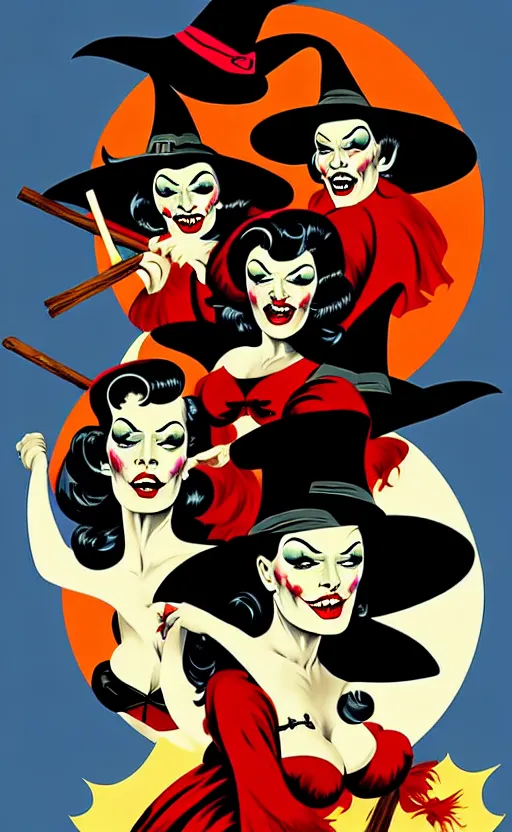 Image similar to witches riding brooms, detailed faces, psychobilly, rockabilly, punk, full body, white background, vector art, illustration by frank frazetta