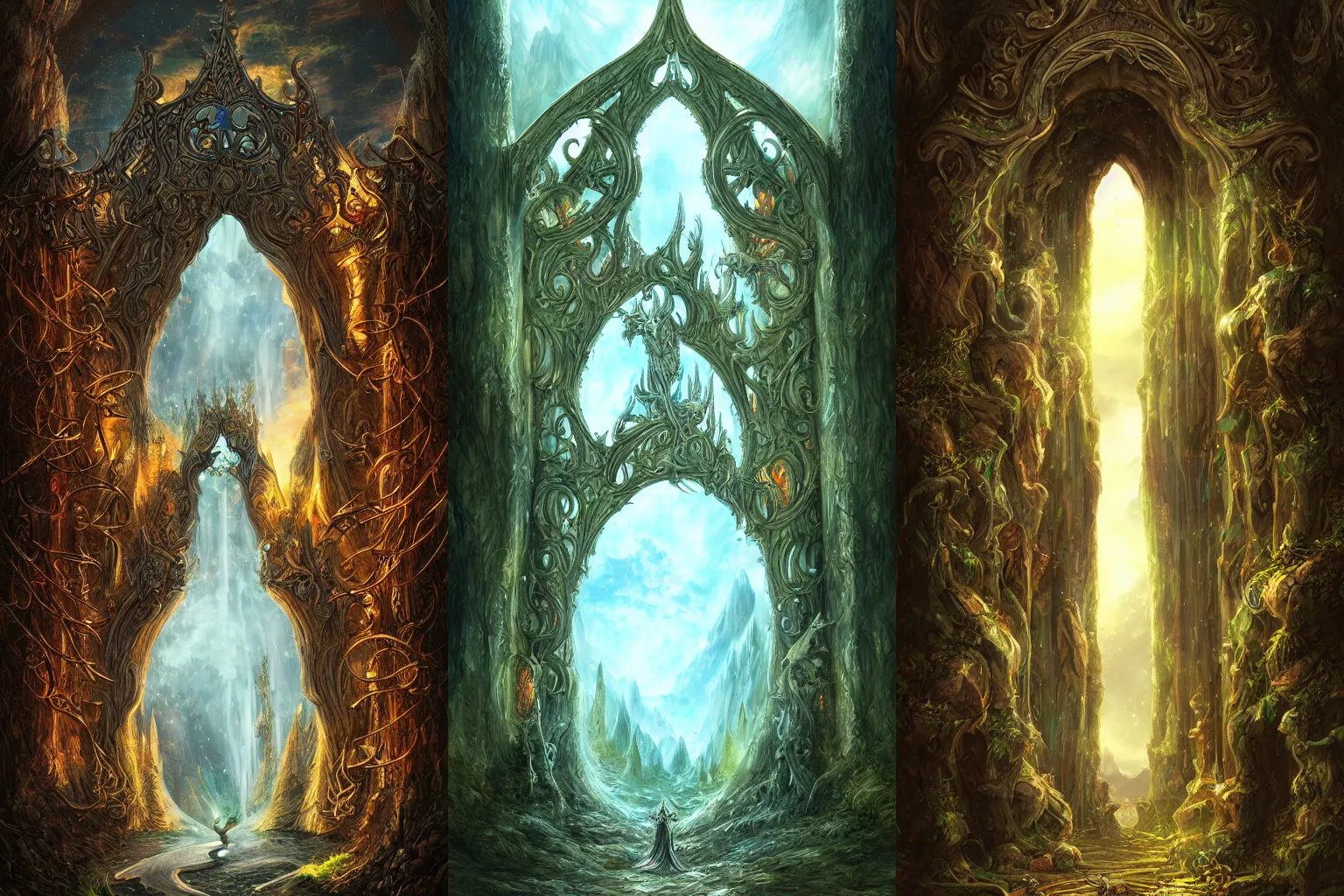 Prompt: The gate to the eternal kingdom of elves, fantasy, digital art, HD, detailed.