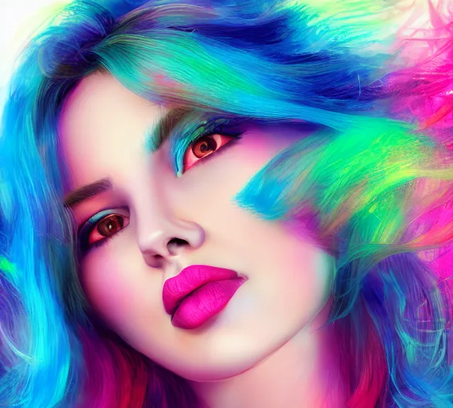 Prompt: ultra realistic portrait of a hot woman, colorful hair, pink lips, gorgeous smile, stunning, hottest, 8K resolution, deviantart,