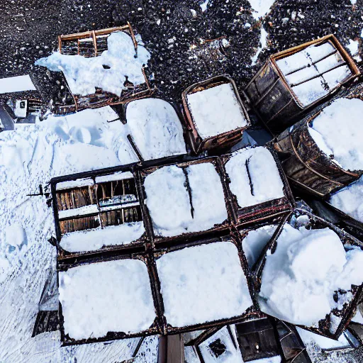 Image similar to abandoned mine and crates full of supplies buried in snow::2 snowy region on coast of Iceland, aerial drone perspective, top down view ::1 sattelite image of snow from 250 meters height, some coal boxes and barrels are covered in snow, old mine remains :: 1 post apocalyptic, snowstorm ::5