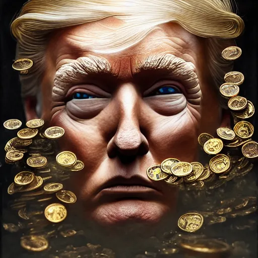 Image similar to a beautiful detailed 3 d matte portrait of donald trump, by ellen jewett, by tomasz alen kopera, by justin gerard, ominous, magical realism, texture, intricate, skull, skeleton, gold coins, money, whirling smoke, alchemist bottles, radiant colors, fantasy, volumetric lighting, high details