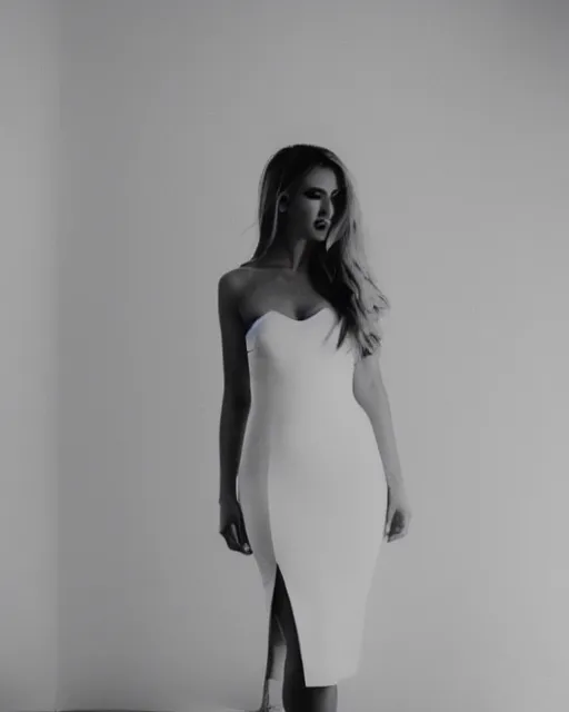 Image similar to 2 8 mm photo of gorgeous seductive tall emily skinner wearing open toe heels, wearing tight white dress, in a white room, beautiful face, pale skin, rule of thirds, cinematic lighting, sharp focus, backlit, stunning, smooth, hard focus, full body shot, studio photo, glamour pose, arney freyag