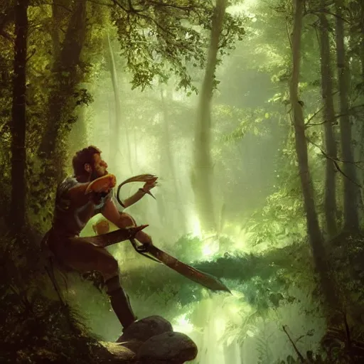 Prompt: beautiful portrait of a earth and nature god with brown hair and a husky beard holding a dark metal sword in the deep forest, oil painting by Greg Rutkowski and Charlie Bowater and Artgerm, unreal 5, DAZ, RPG Portrait, trending on artstation, dynamic lighting, late afternoon lighting, forest, green theme, afternoon light