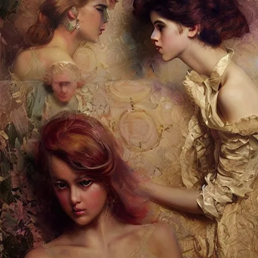 Prompt: a high fashion studio portrait showing effects of social media on teenage girls, iphone, dystopic, lifelike, clones, brainwashed, classroom, sigma 5 5, painting by gaston bussiere, craig mullins, j. c. leyendecker, dior campaign