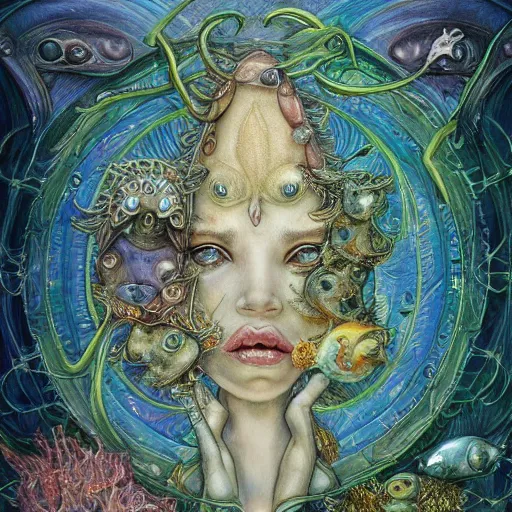 Image similar to detailed and sharp portrait of piscesthe fishes artistic zodiac artwork, mystic style, detailed, 8 k, detailed, symmetrical, by brian froud