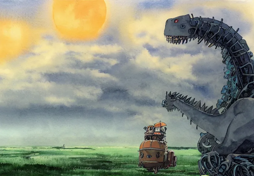 Prompt: a hyperrealist watercolor concept art from a studio ghibli film showing a giant grey mechanized prehistoric creature from howl's moving castle ( 2 0 0 4 ). stonehenge is under construction in the background, in the rainforest on a misty and starry night. by studio ghibli. very dull muted colors