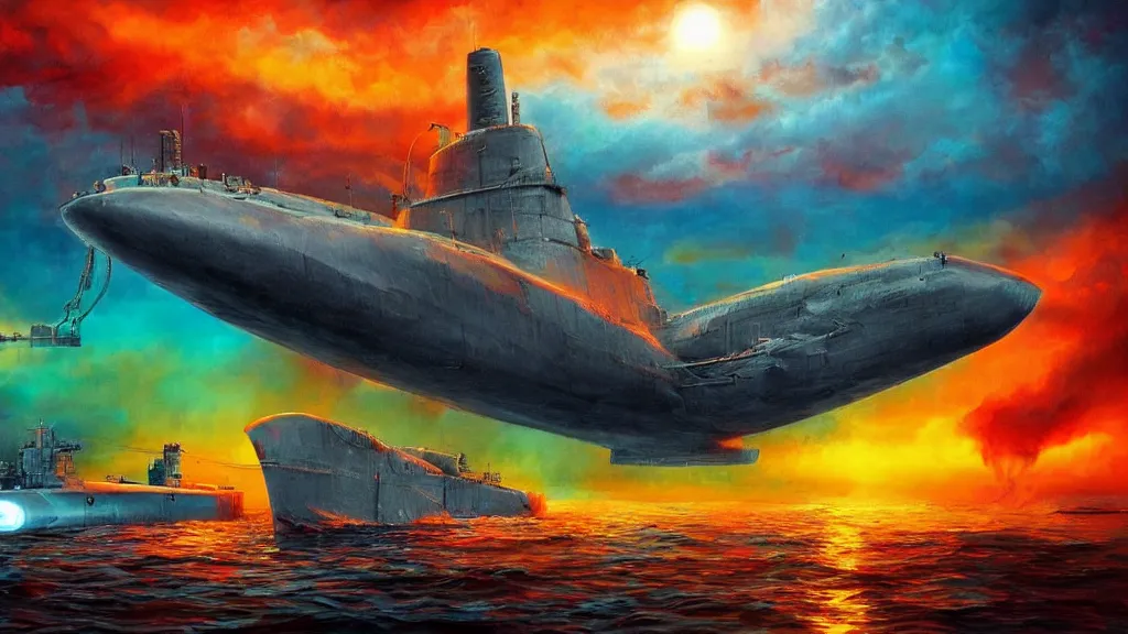 Prompt: nuclear submarine and giant squid, vivid colors, colorful, high dynamic range, hdr, artstation