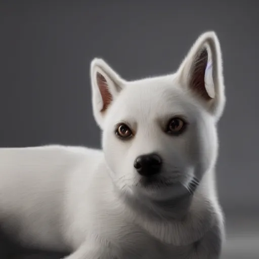 Prompt: crisp quality and light reflections, photorealistic portrait, studio lighting, still photo of a cute dog and a white cat, bright studio setting, highly detailed, unreal engine 5 quality render
