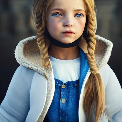 Image similar to a little portuguese girl with white - fair!!!!! skin, dirty blonde hair and blue eyes, wearing a disney land coat and blue jeans, 4 k, 8 k, photorealistic facial features