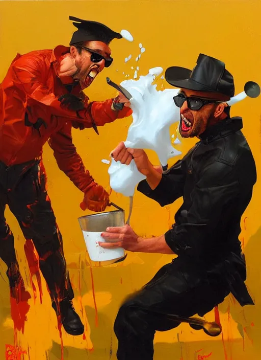 Prompt: blippi pouring boiling milk on dwayne johnsons skull, screaming, pointing, enraged, painting by phil hale, 'action lines'!!!, graphic style, visible brushstrokes, motion blur, blurry